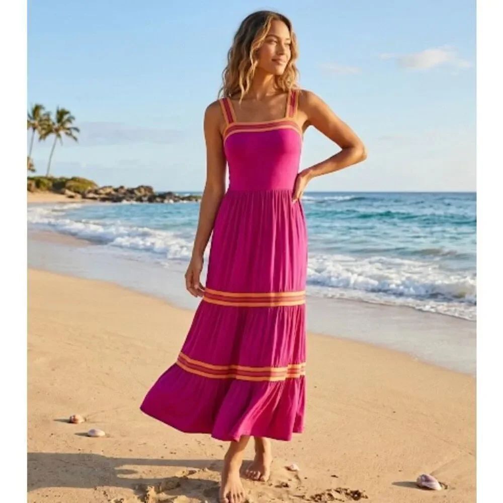 Ted Baker London Norabel Magenta Pink Tiered Maxi Dress Striped Size 1 (US 4)